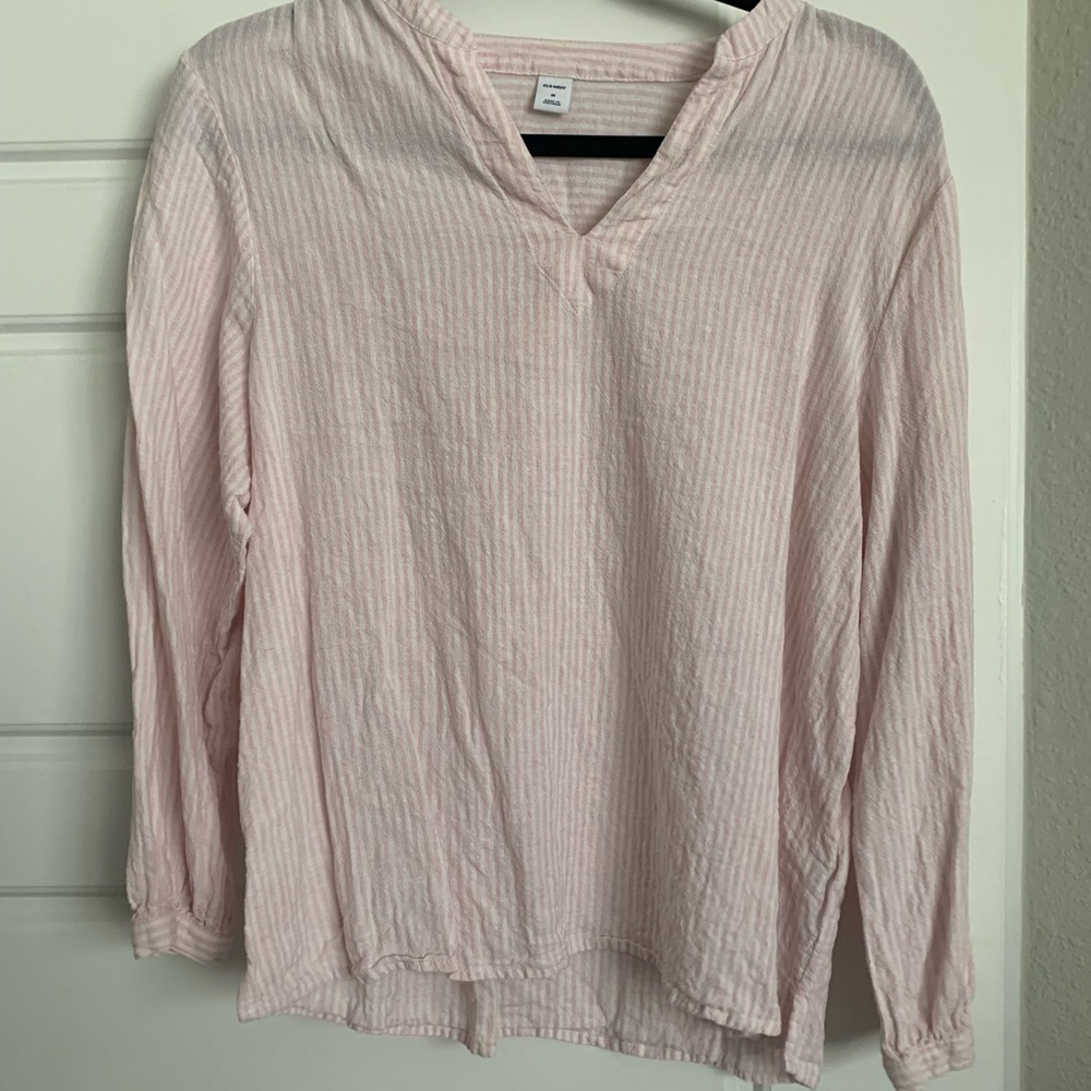Linen top with muted pink stripes.